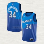 Maglia Giannis Antetokounmpo NO 34 Milwaukee Bucks Citta 2020-21 Blu