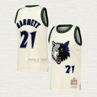Maglia Kevin Garnett NO 21 Minnesota Timberwolves Mitchell & Ness Chainstitch Crema