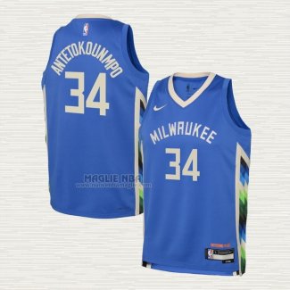 Maglia Giannis Antetokounmpo NO 34 Bambino Milwaukee Bucks Citta 2022-23 Blu