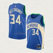 Maglia Giannis Antetokounmpo NO 34 Milwaukee Bucks Citta 2023-24 Blu