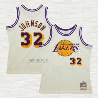 Maglia Magic Johnson NO 32 Los Angeles Lakers Mitchell & Ness Chainstitch Crema