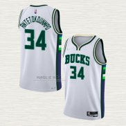 Maglia Giannis Antetokounmpo NO 34 Milwaukee Bucks Citta 2021-22 Bianco