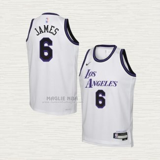 Maglia LeBron James NO 6 Bambino Los Angeles Lakers Citta 2022-23 Bianco