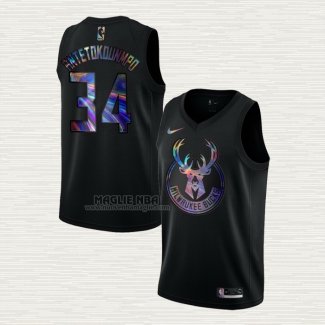Maglia Giannis Antetokounmpo NO 34 Milwaukee Bucks Iridescent Logo Nero
