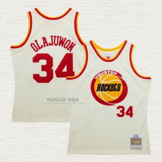 Maglia Hakeem Olajuwon NO 32 Houston Rockets Mitchell & Ness Chainstitch Crema