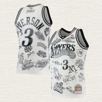 Maglia Allen Iverson NO 3 Philadelphia 76ers Mitchell & Ness Tattoo 1997-98 Bianco